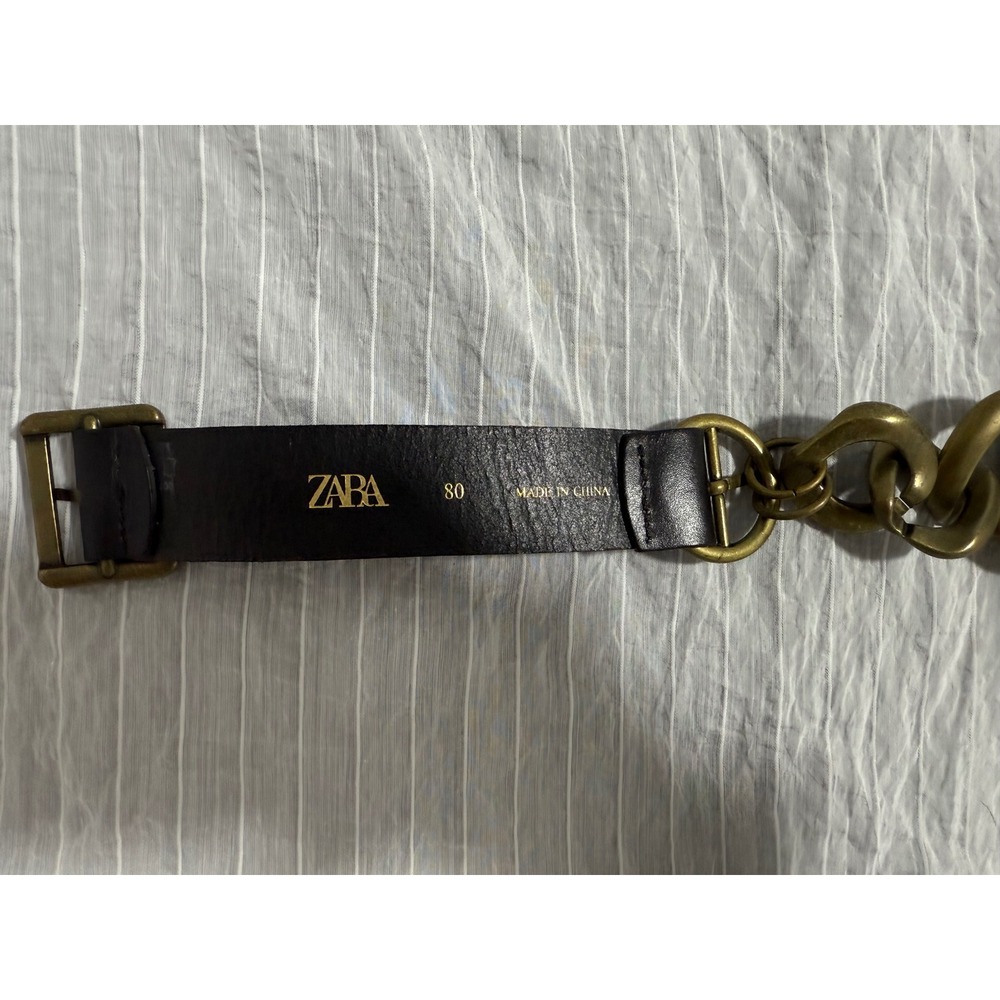 Zara Black Leather Chunky Antique Brass Chain Statement Belt 80 Geometric - Picture 3 of 5